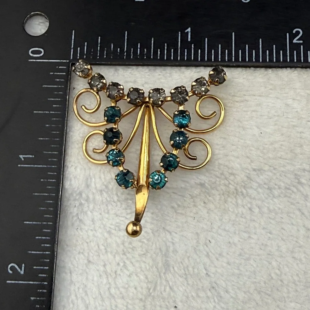 Vintage AMCO Brooch Gold Blue Rhinestone Gold Filled Mid Century Fan